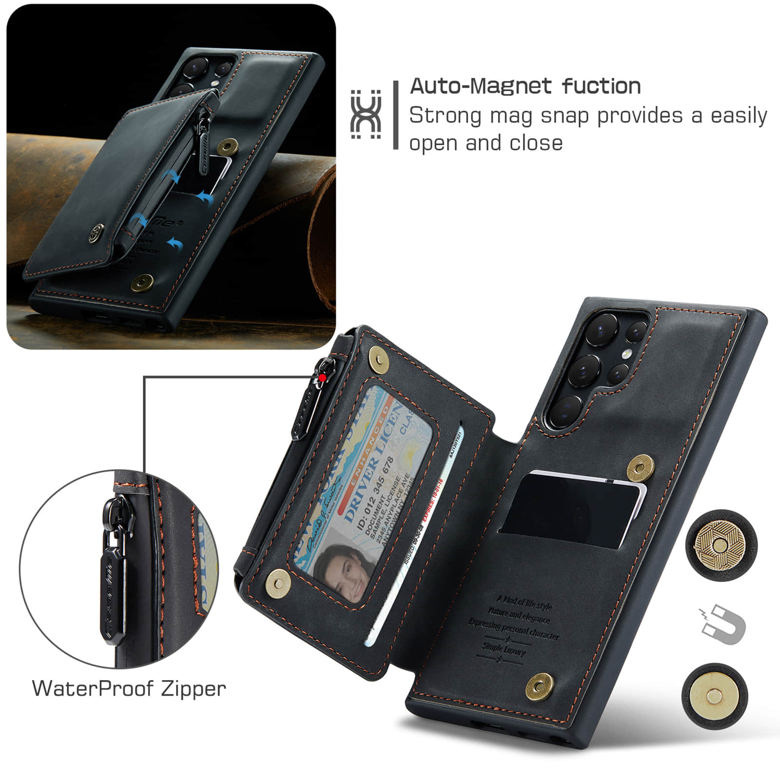 Caeouts Zipper Cardholder Wallet Phone Case Black