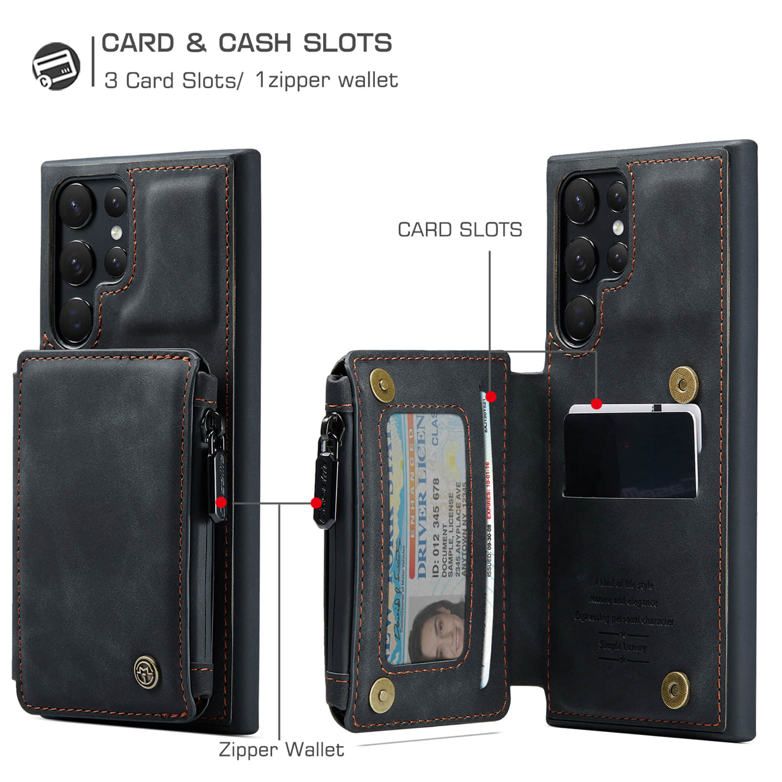 Caeouts Zipper Cardholder Wallet Phone Case Black