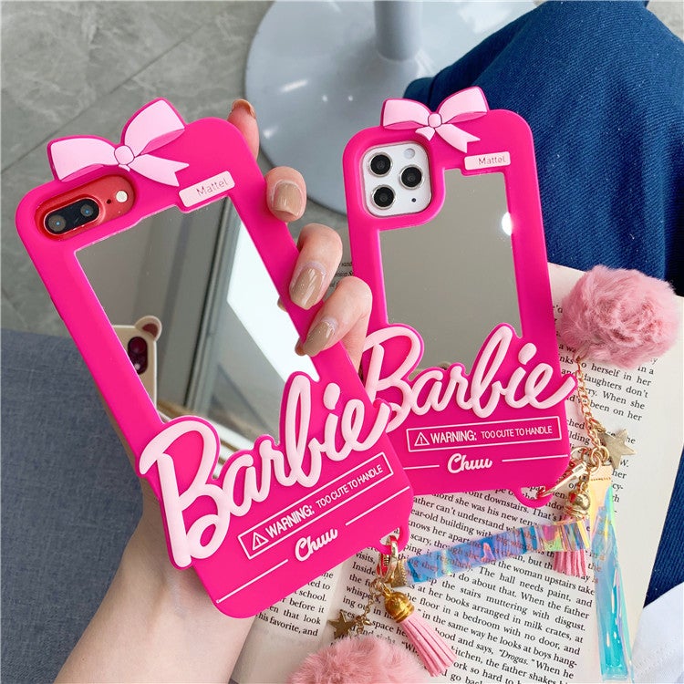 3D Barbie Mirror Phone Case with Pompom Keyring