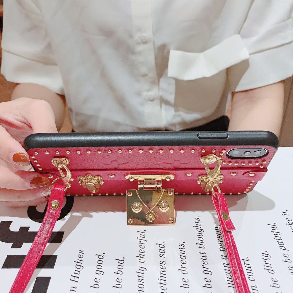 Luxury Monogram Leather Lock Box Phone Case with Crossbody Sling