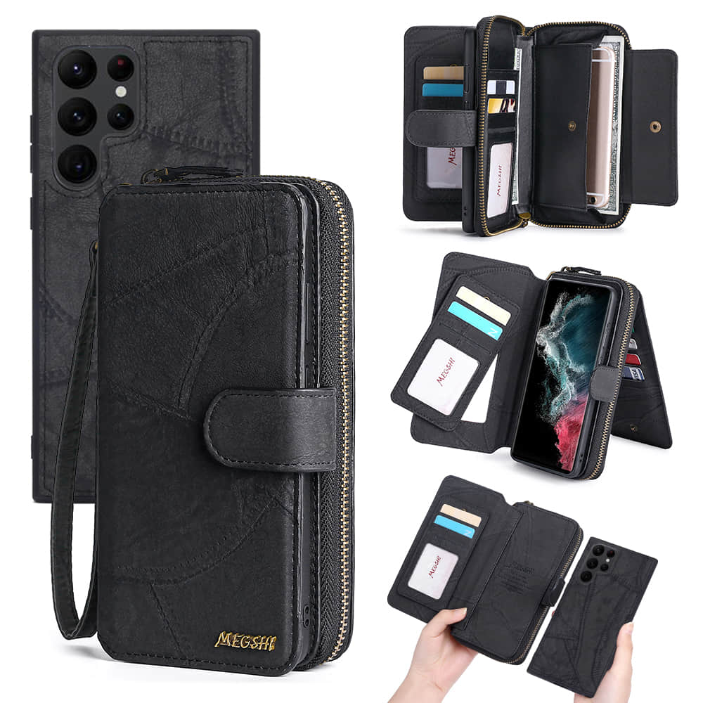 Caeouts Zipper Wallet Detachable Phone Case Black