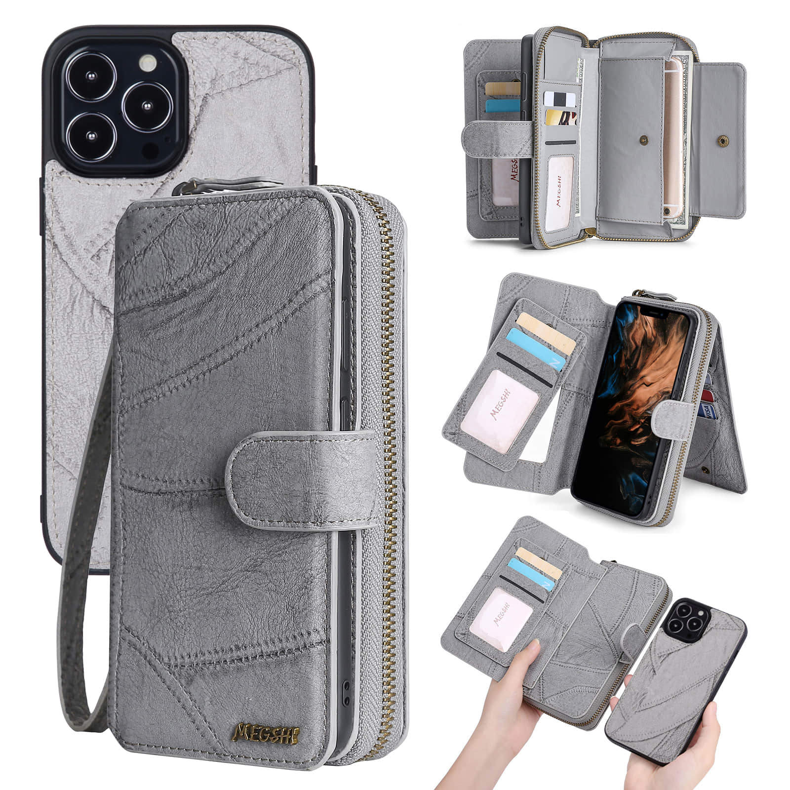 Caeouts Zipper Wallet Detachable Phone Case Gray