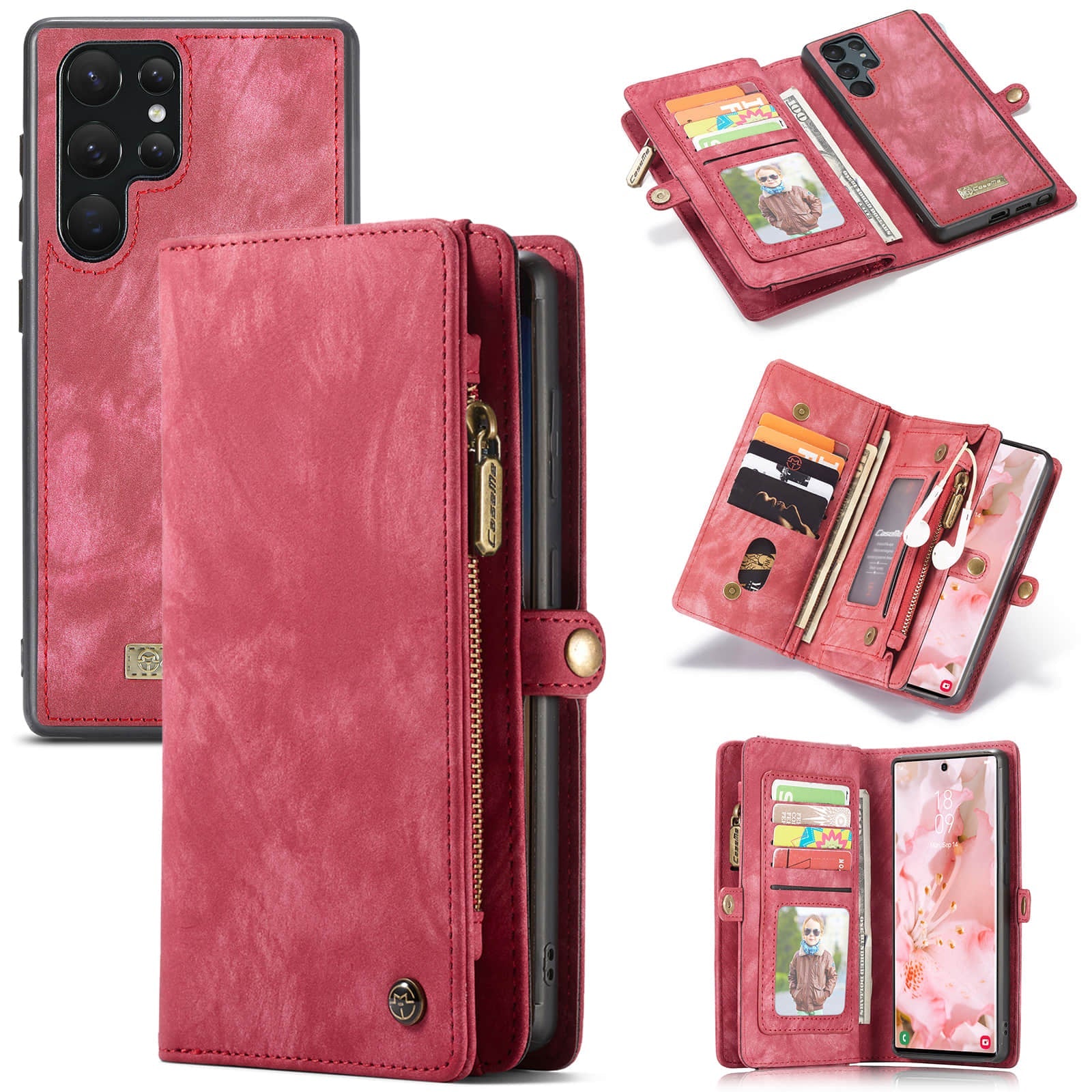 Caeouts Zipper Wallet PU Leather Case Red
