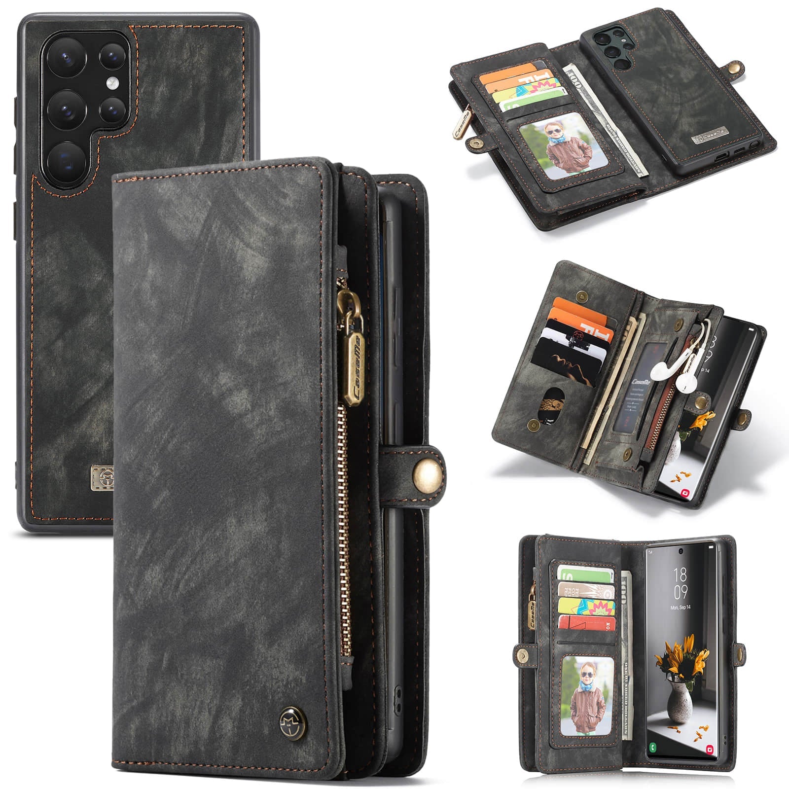 Caeouts Zipper Wallet PU Leather Case Black