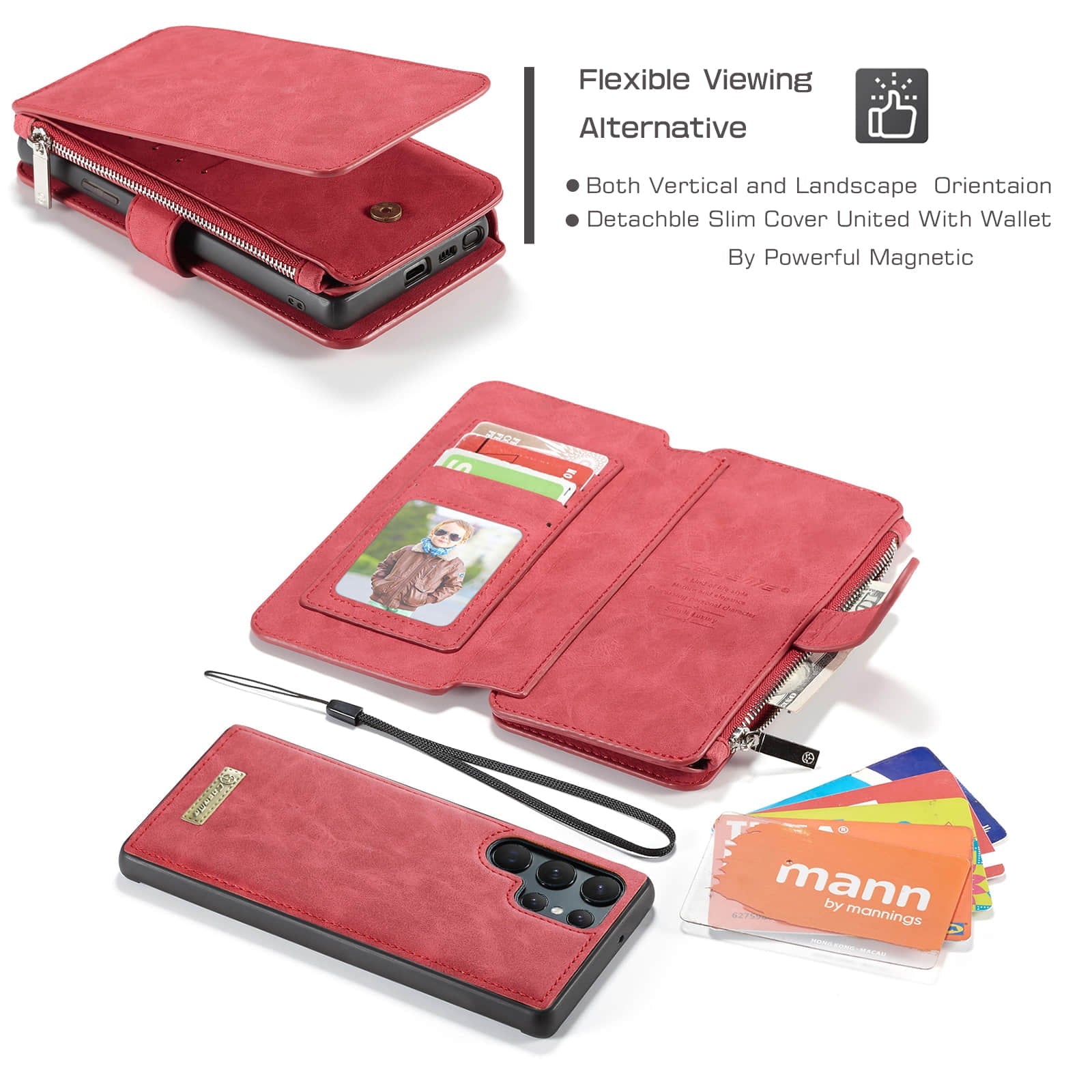 Caeouts Zipper Cardholder Leather Wallet Phone Case Red