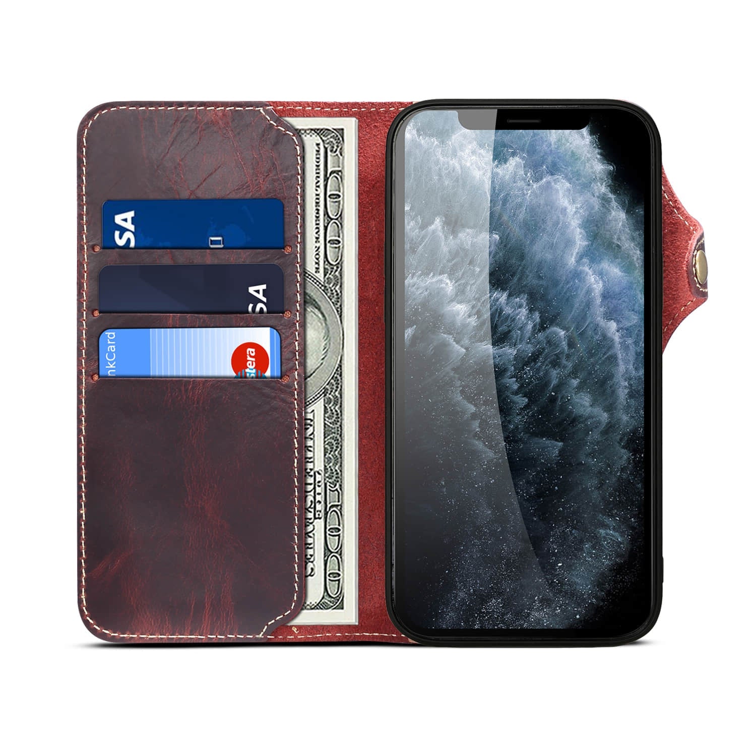 Caeouts Genuine Cowhide Leather Button Flip Phone Case Red