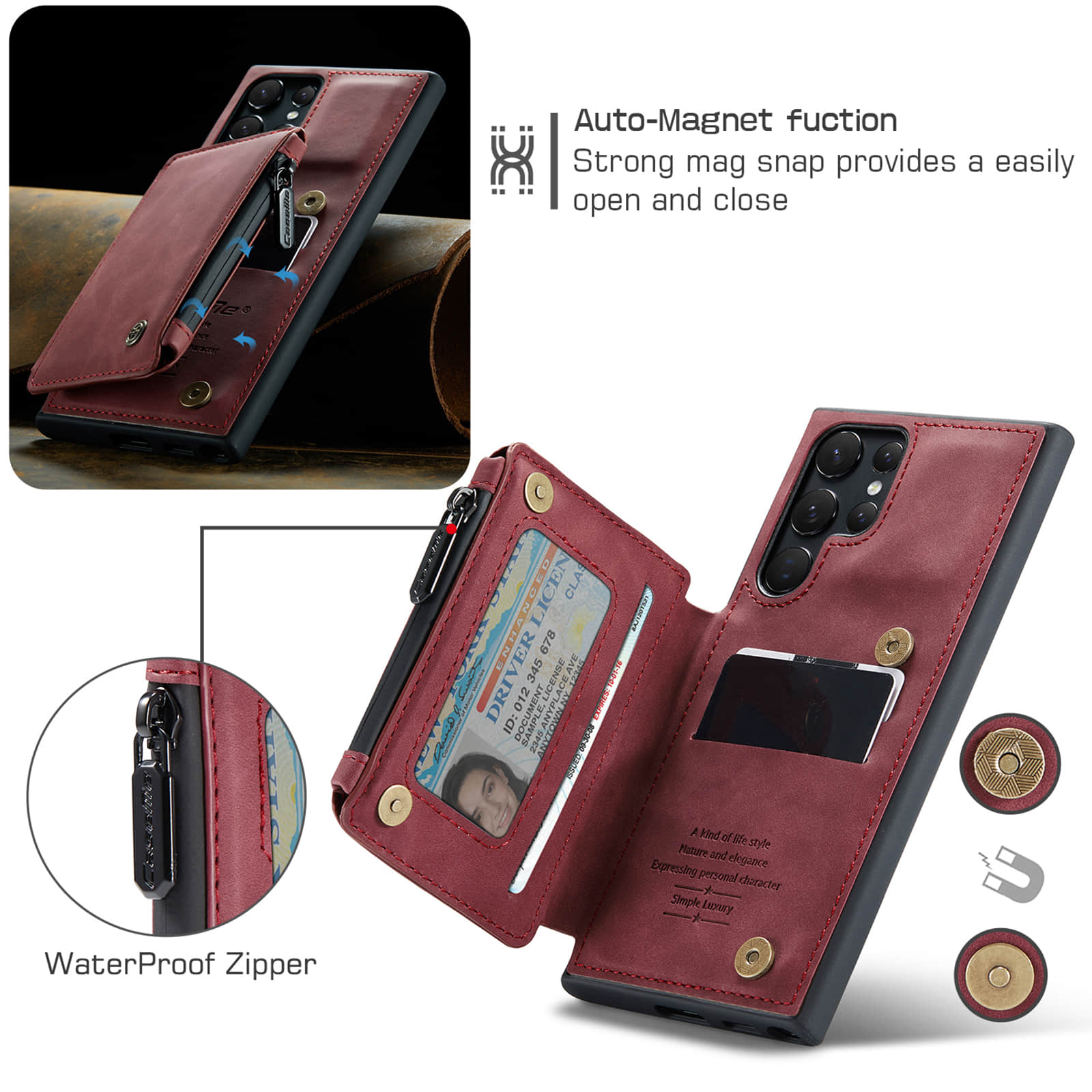 Caeouts Zipper Cardholder Wallet Phone Case Red