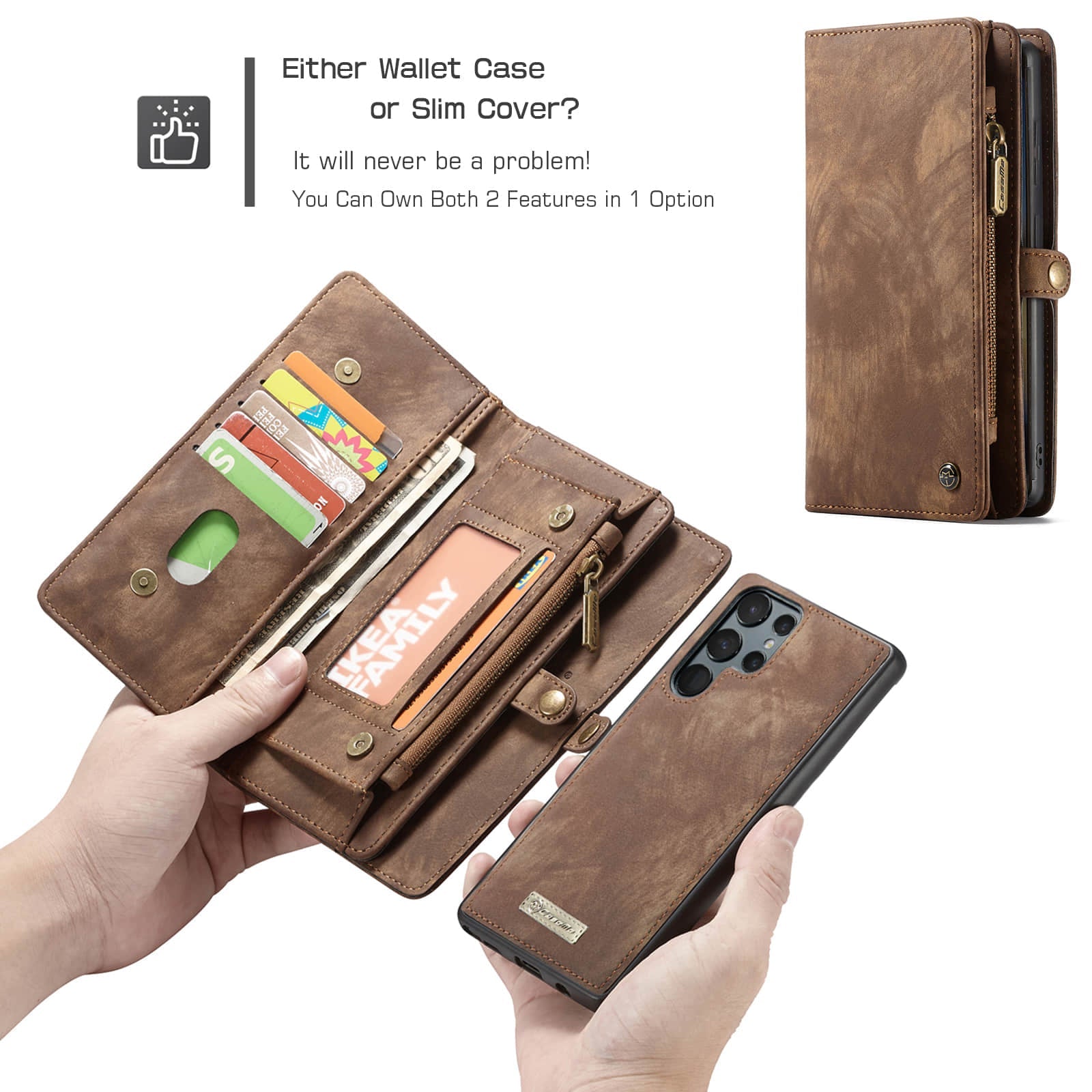 Caeouts Zipper Wallet PU Leather Case Brown
