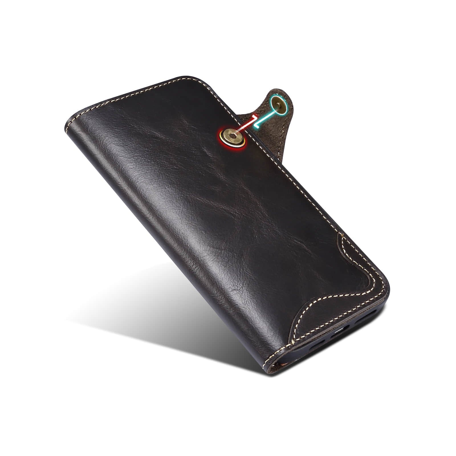Caeouts Genuine Cowhide Leather Button Flip Phone Case Black