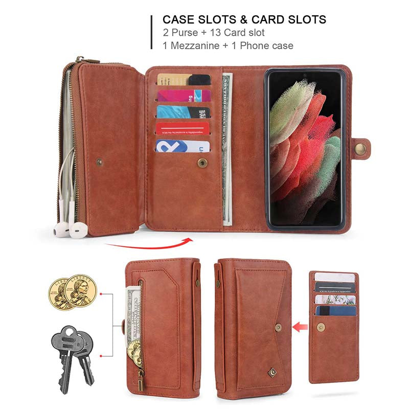 Caeouts Large-Capacity Zipper Card Leather Case for Galaxy