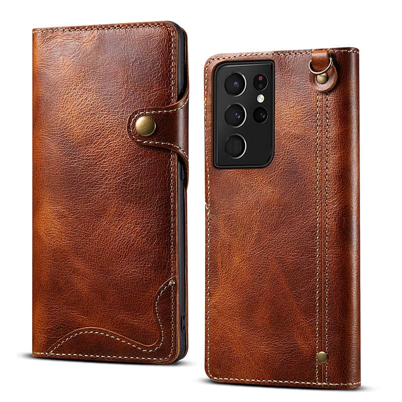 Caeouts Genuine Cowhide Leather Button Flip Phone Case For Galaxy