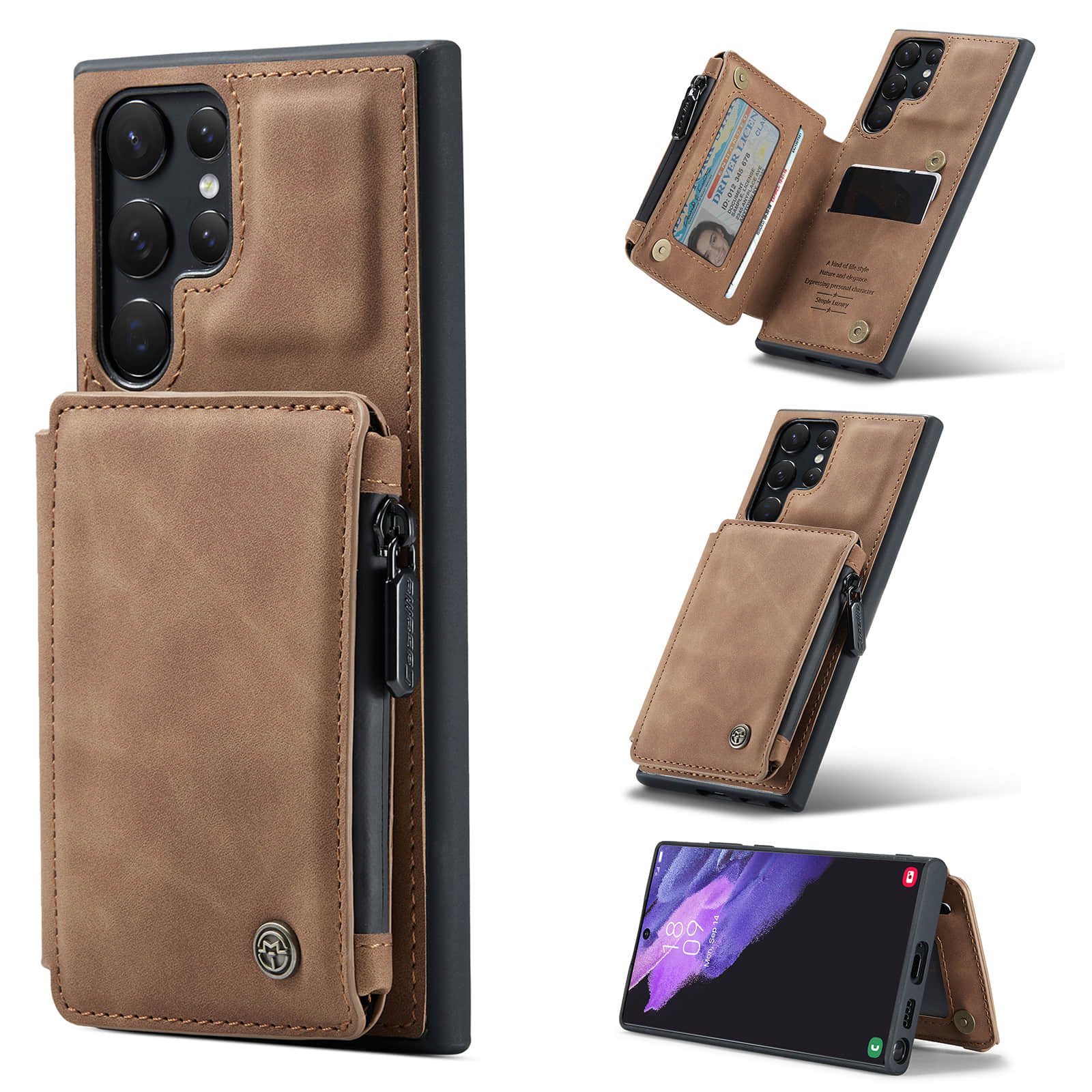 Caeouts Zipper Cardholder Wallet Phone Case Brown