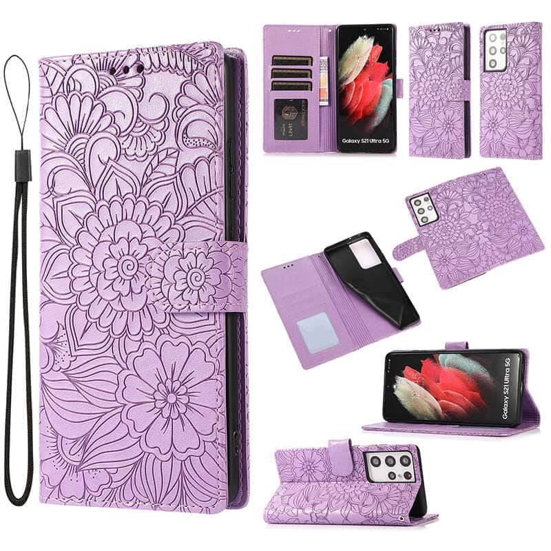 Caeouts Embossed Flower Flip Wallet Case For Galaxy