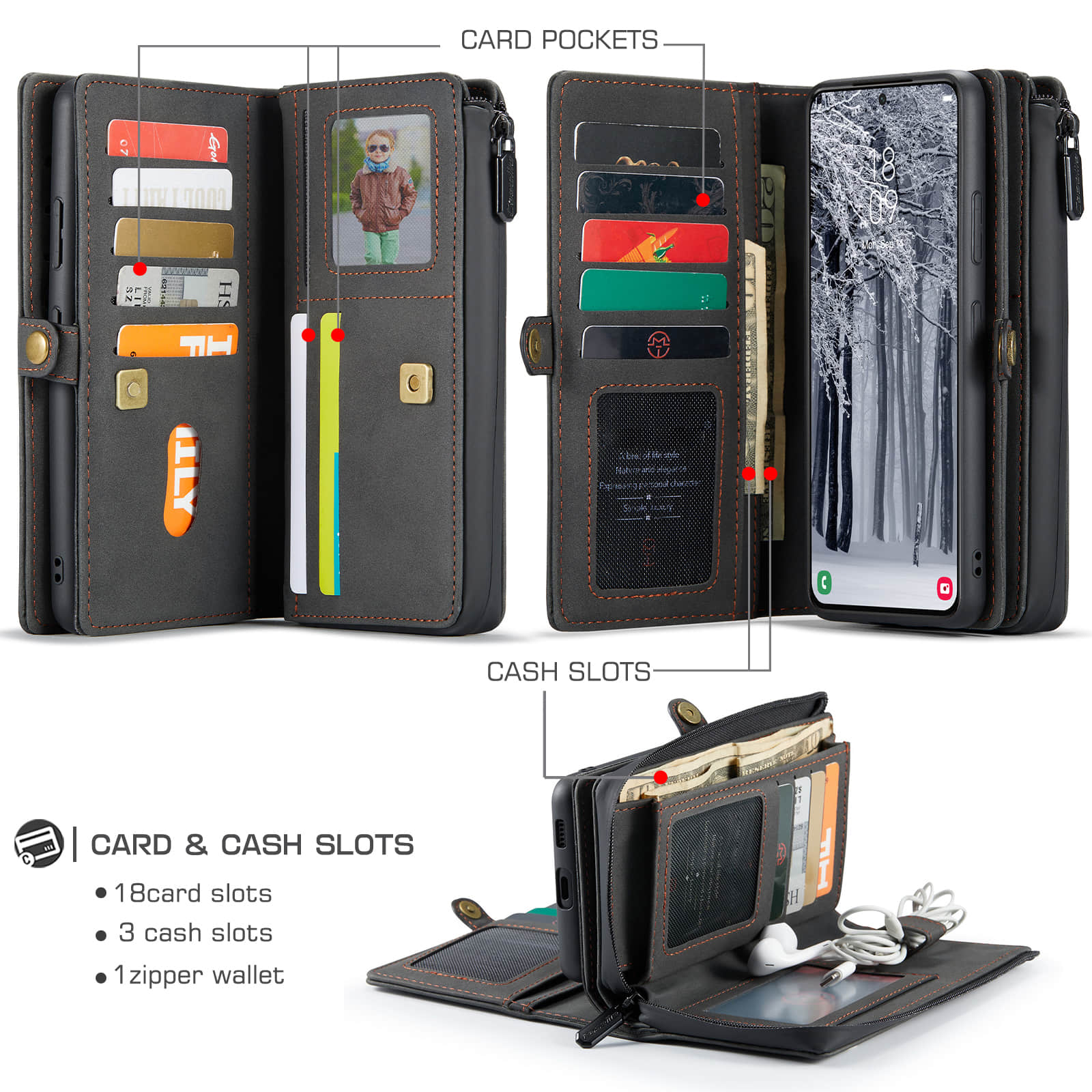 Caeouts Large Capacity Cardholder Phone Case Black