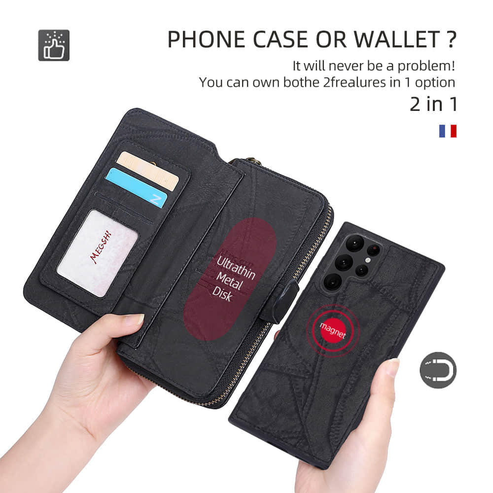 Caeouts Zipper Wallet Detachable Phone Case Black