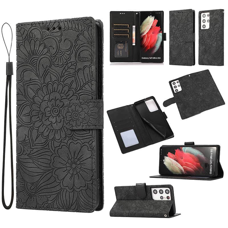 Caeouts Embossed Flower Flip Wallet Case For Galaxy