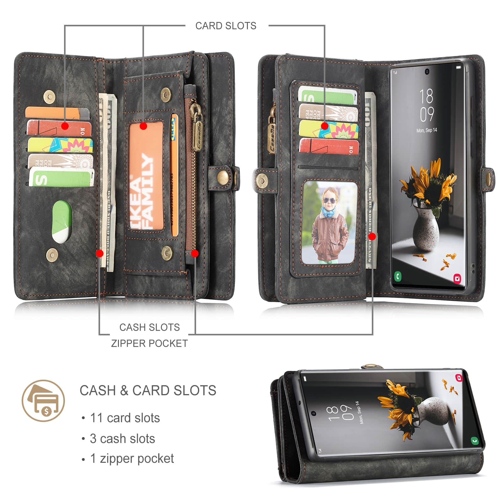 Caeouts Zipper Wallet PU Leather Case Black
