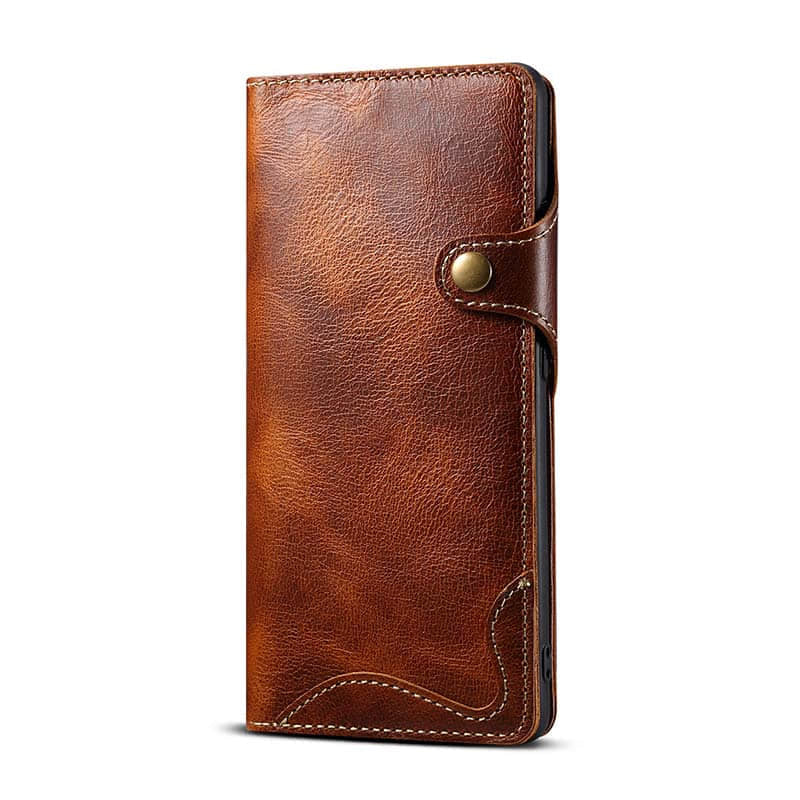 Caeouts Genuine Cowhide Leather Button Flip Phone Case For Galaxy