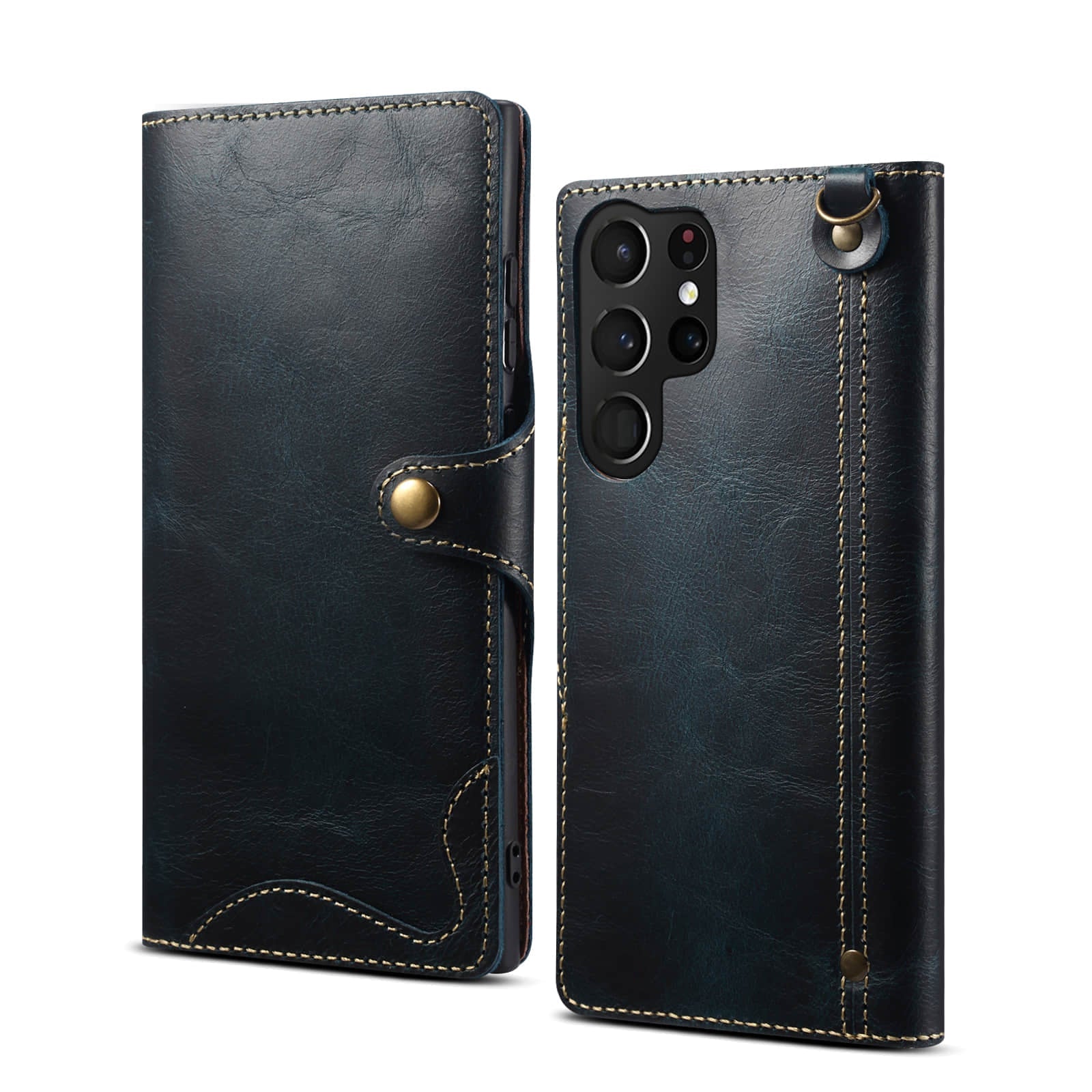 Caeouts Genuine Cowhide Leather Button Flip Phone Case Blue