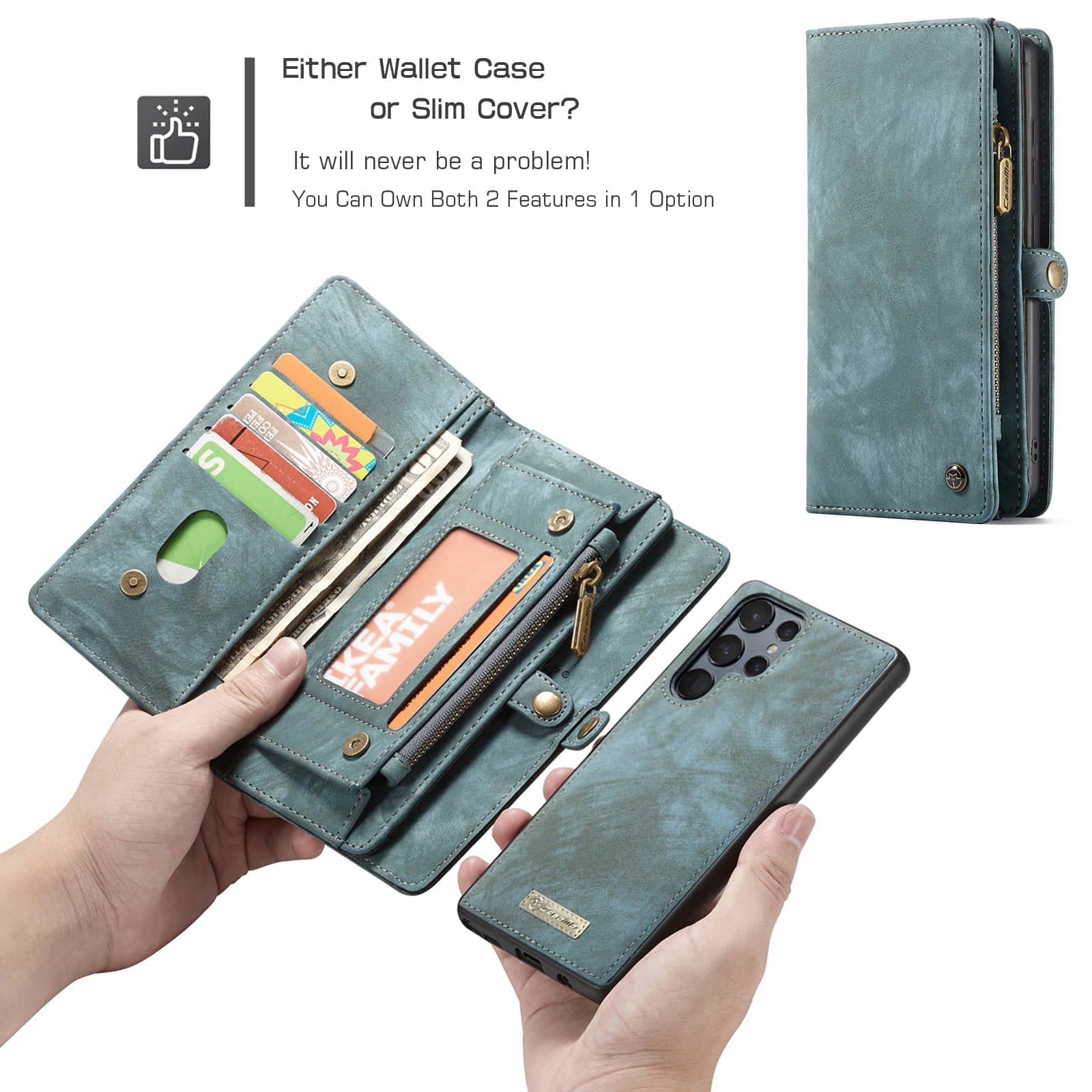 Caeouts Zipper Wallet PU Leather Case Blue