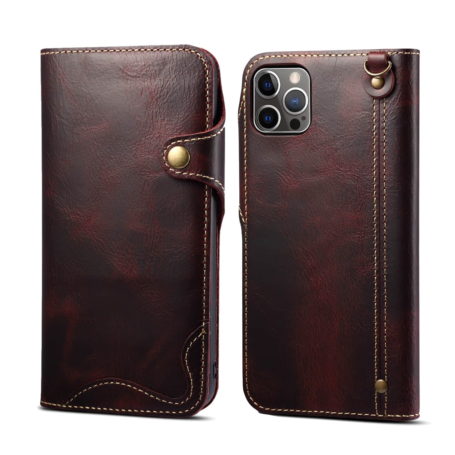 Caeouts Genuine Cowhide Leather Button Flip Phone Case Red