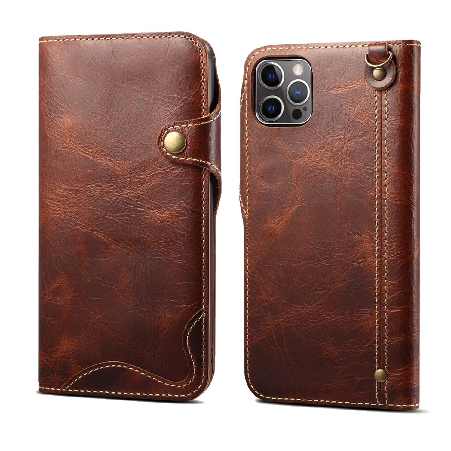 Caeouts Genuine Cowhide Leather Button Flip Phone Case Brown