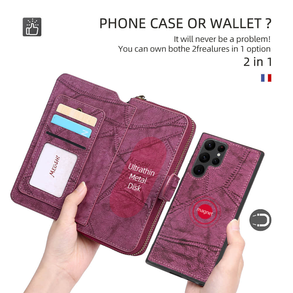 Caeouts Zipper Wallet Detachable Phone Case Red