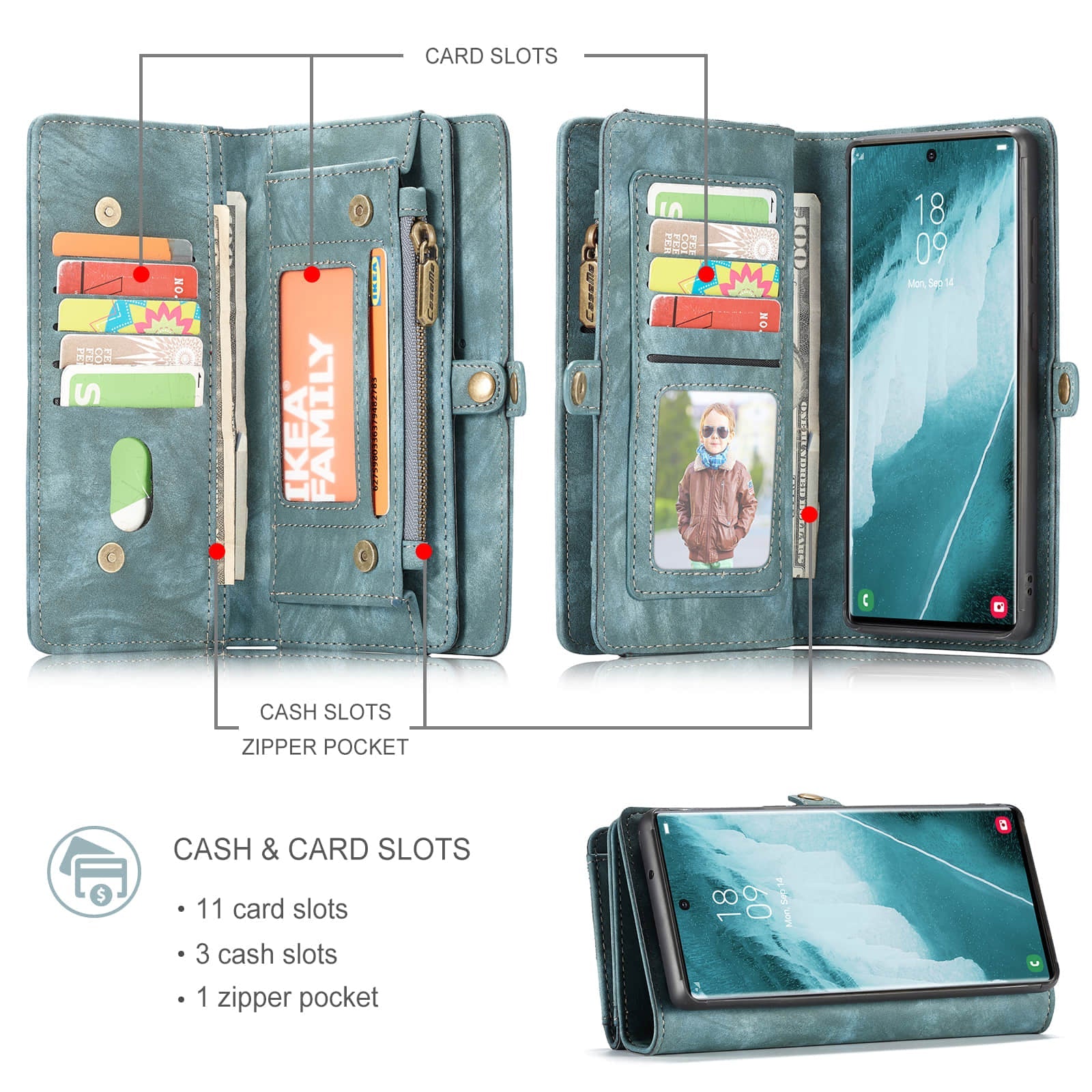 Caeouts Zipper Wallet PU Leather Case Blue