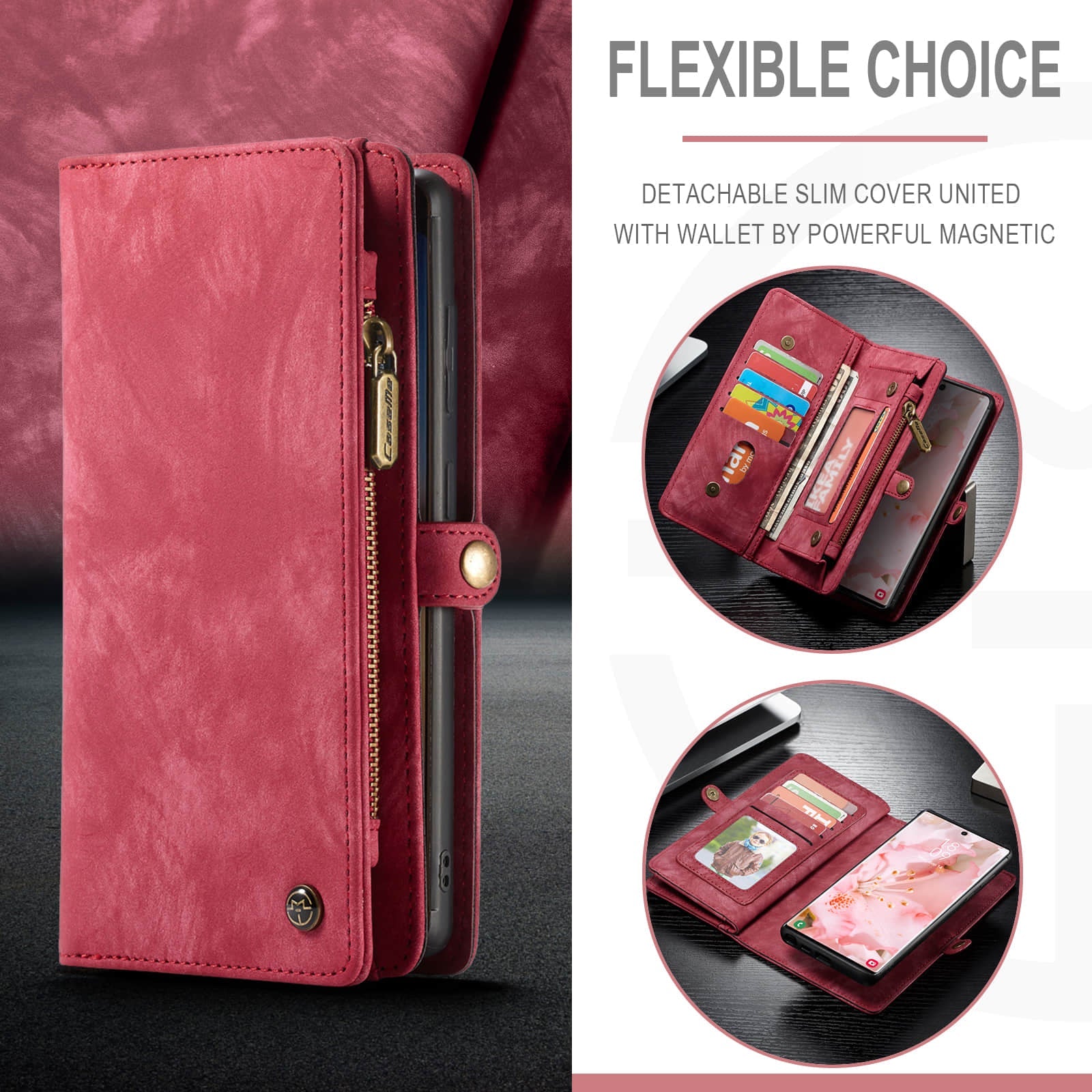 Caeouts Zipper Wallet PU Leather Case Red