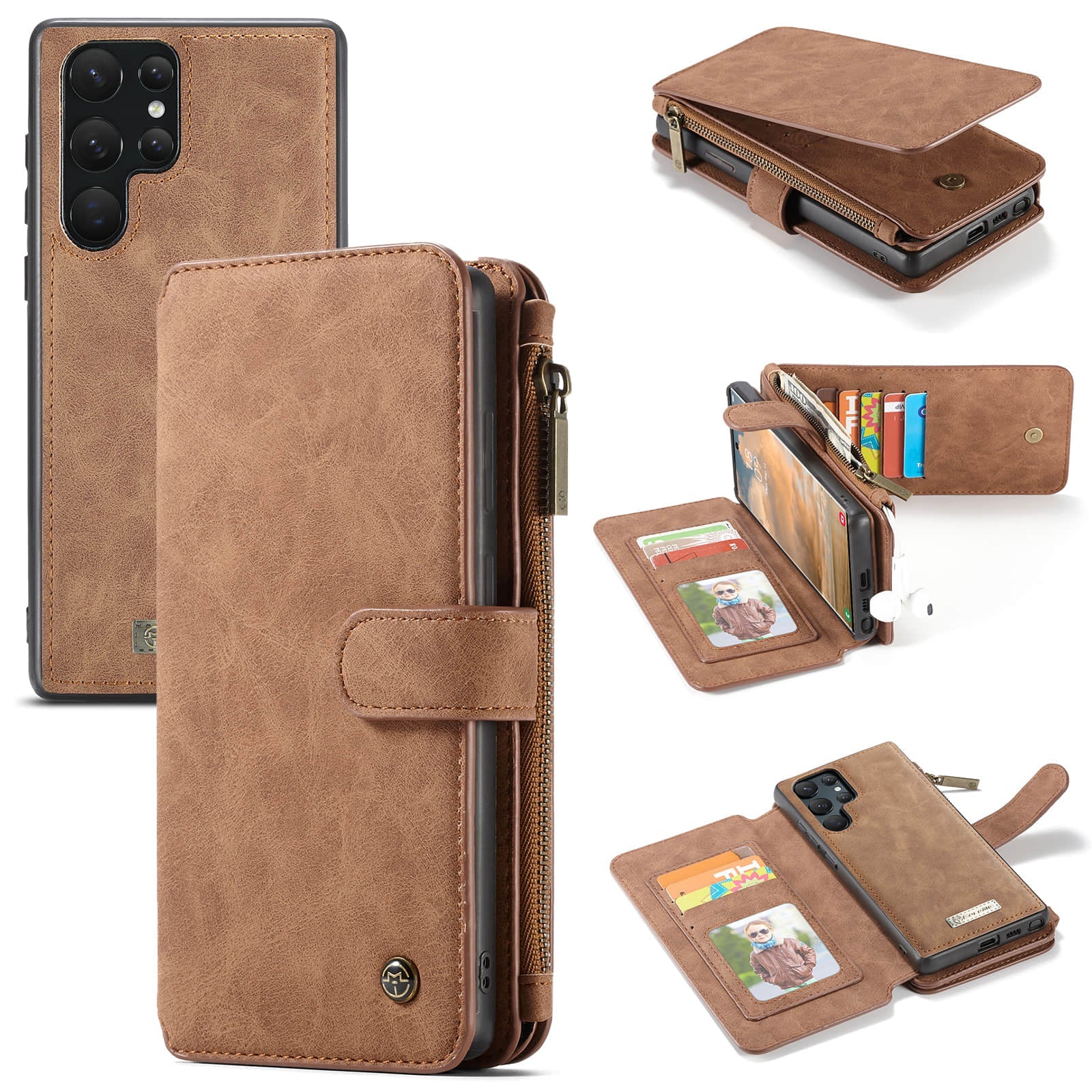 Caeouts Zipper Cardholder Leather Wallet Phone Case Brown