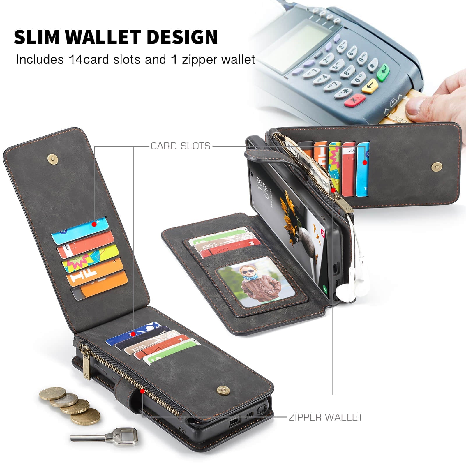 Caeouts Zipper Cardholder Leather Wallet Phone Case Black