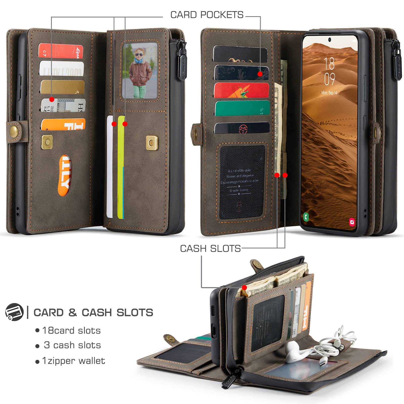 Caeouts Large Capacity Cardholder Phone Case Brown