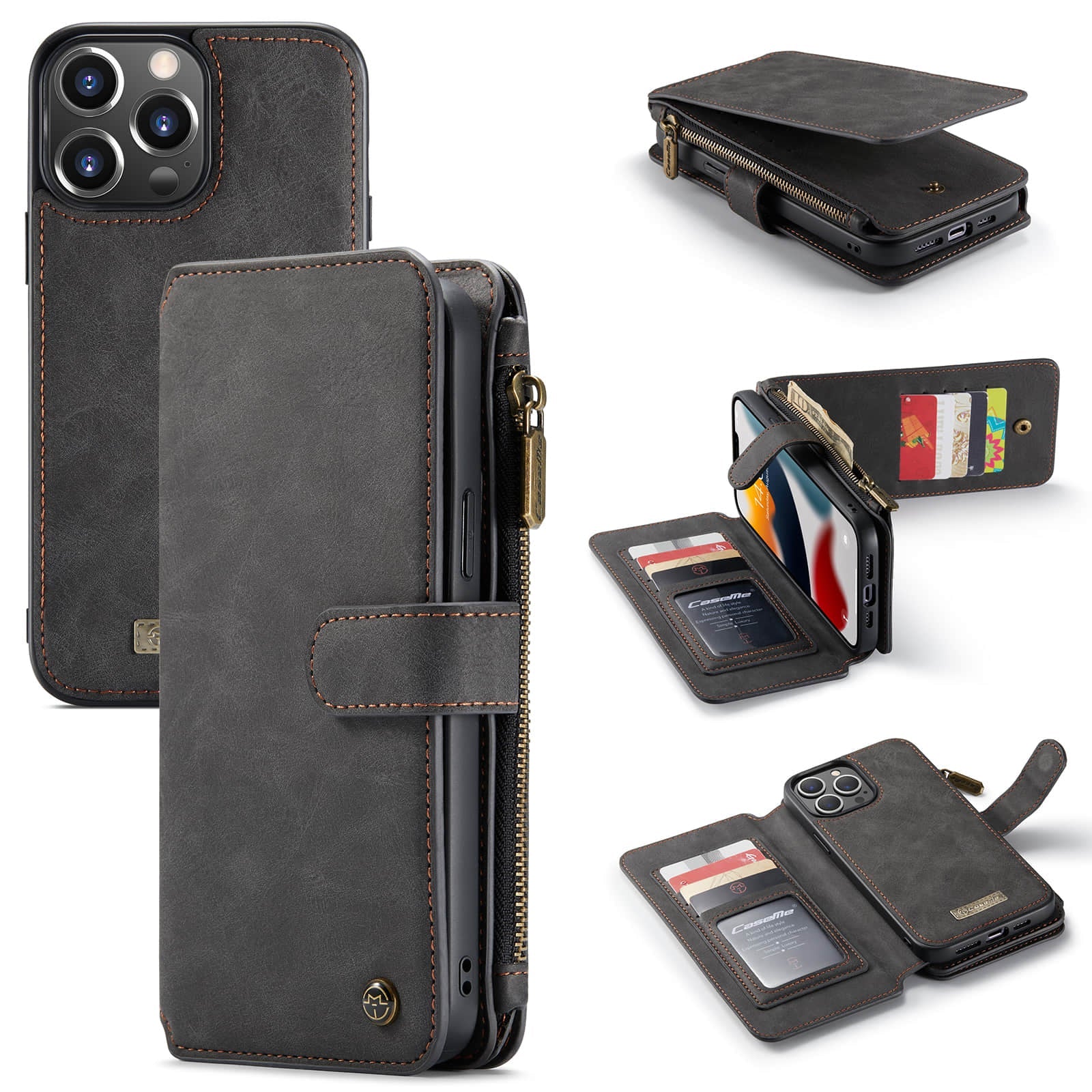 Caeouts Zipper Cardholder Leather Wallet Phone Case Black