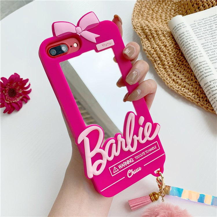 3D Barbie Mirror Phone Case with Pompom Keyring