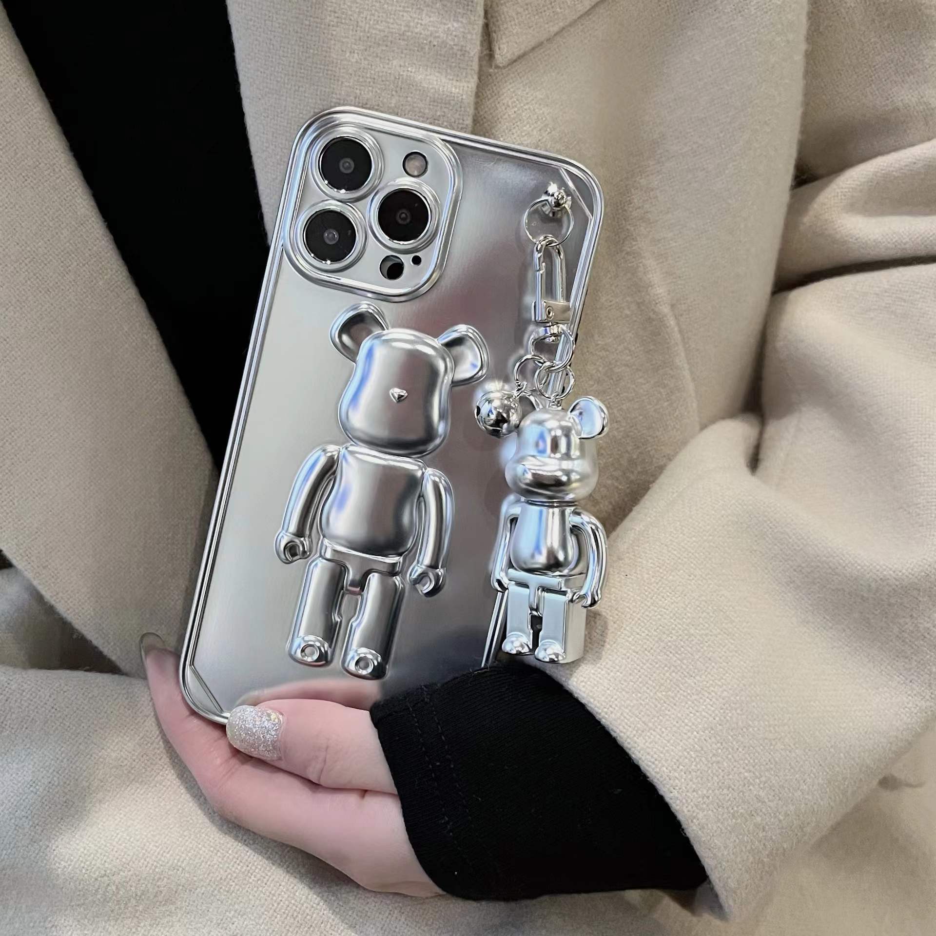 3D Bearbrick Matte Plating Sliver Phone Case with Pendant