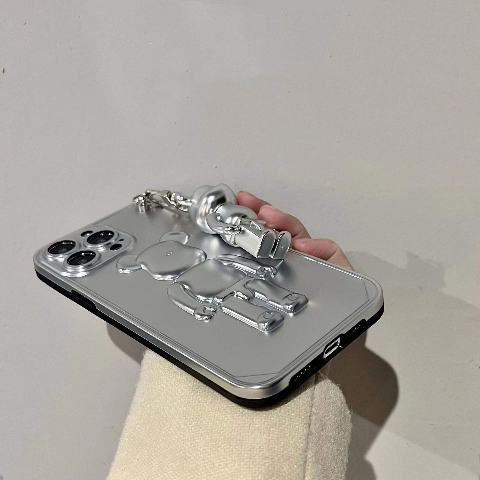 3D Bearbrick Matte Plating Sliver Phone Case with Pendant