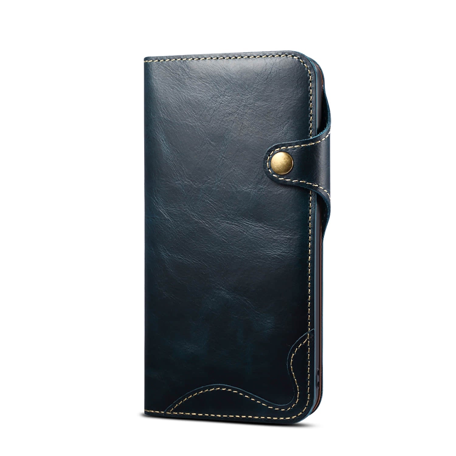 Caeouts Genuine Cowhide Leather Button Flip Phone Case Blue
