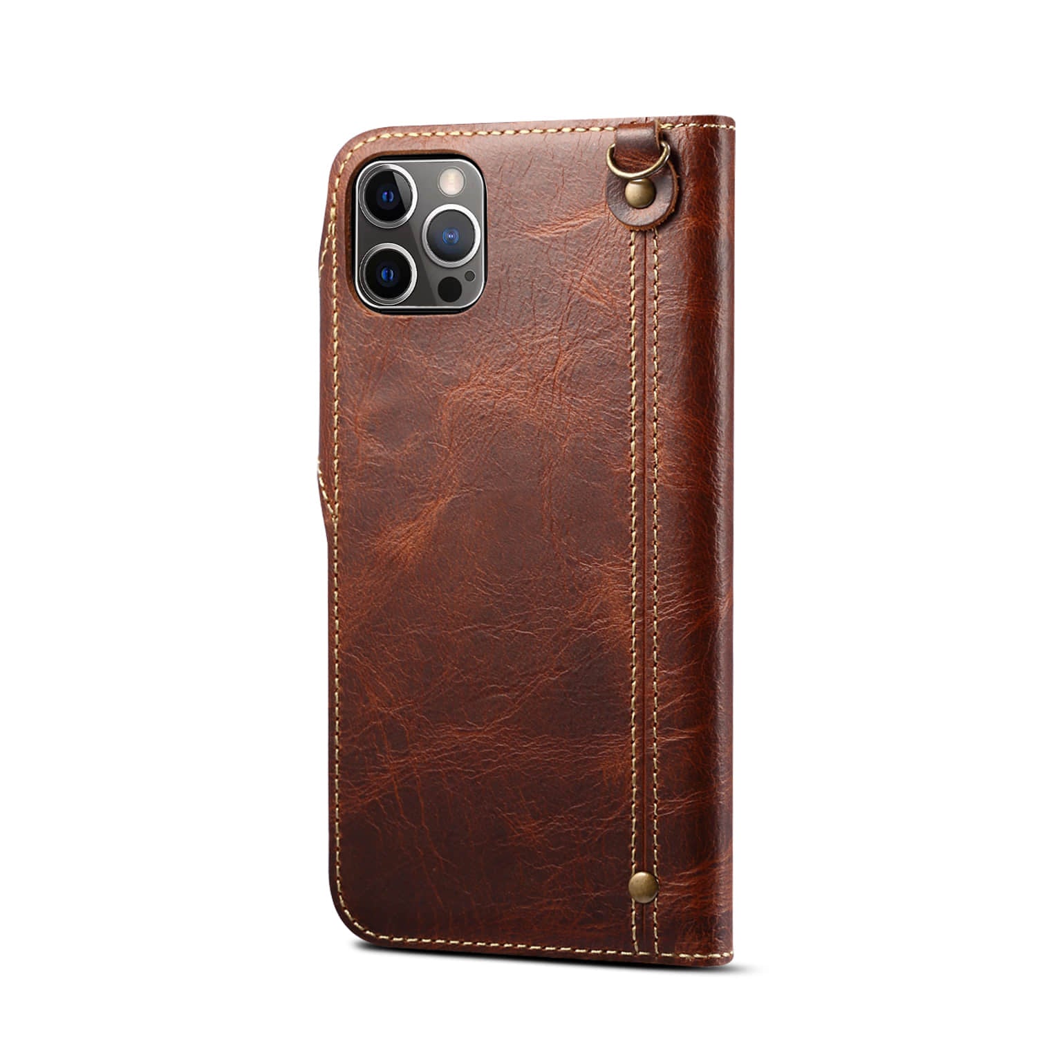 Caeouts Genuine Cowhide Leather Button Flip Phone Case Brown