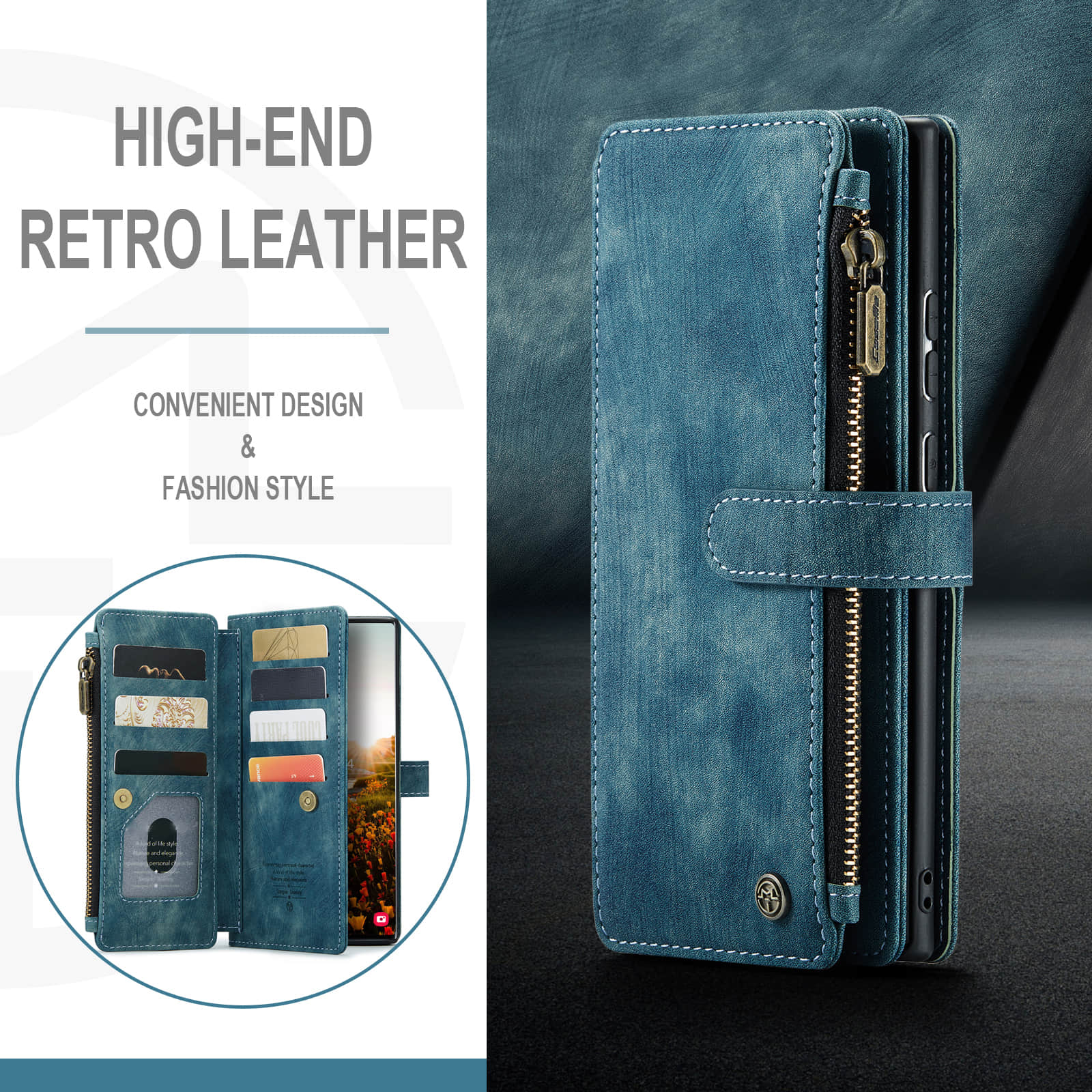 Caeouts Leather Zipper Phone Case Blue