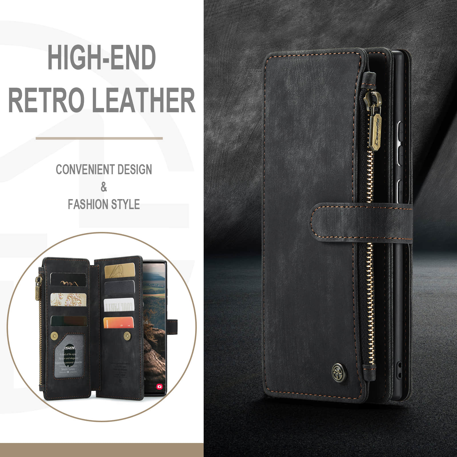 Caeouts Leather Zipper Phone Case Black