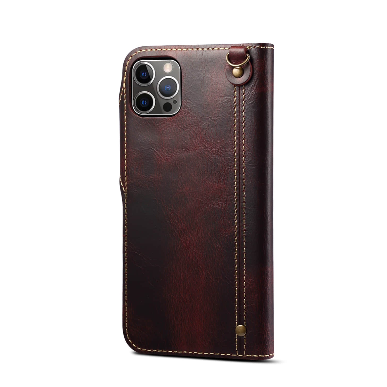 Caeouts Genuine Cowhide Leather Button Flip Phone Case Red