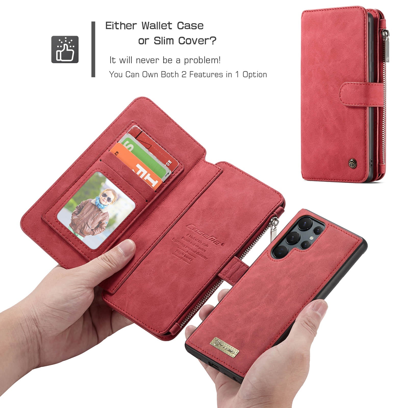 Caeouts Zipper Cardholder Leather Wallet Phone Case Red
