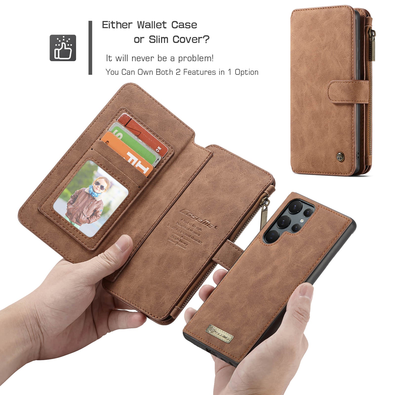 Caeouts Zipper Cardholder Leather Wallet Phone Case Brown