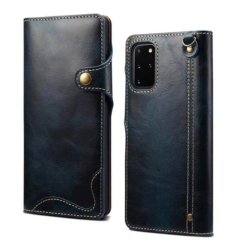 Caeouts Genuine Cowhide Leather Button Flip Phone Case For Galaxy S20 Series