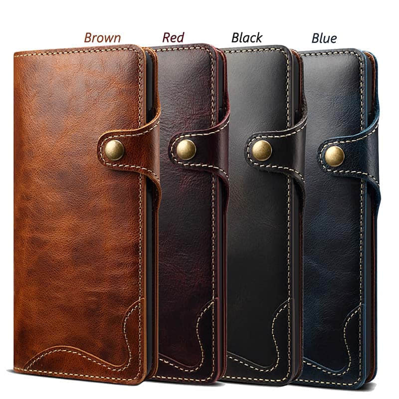 Caeouts Genuine Cowhide Leather Button Flip Phone Case For Galaxy S20 Series