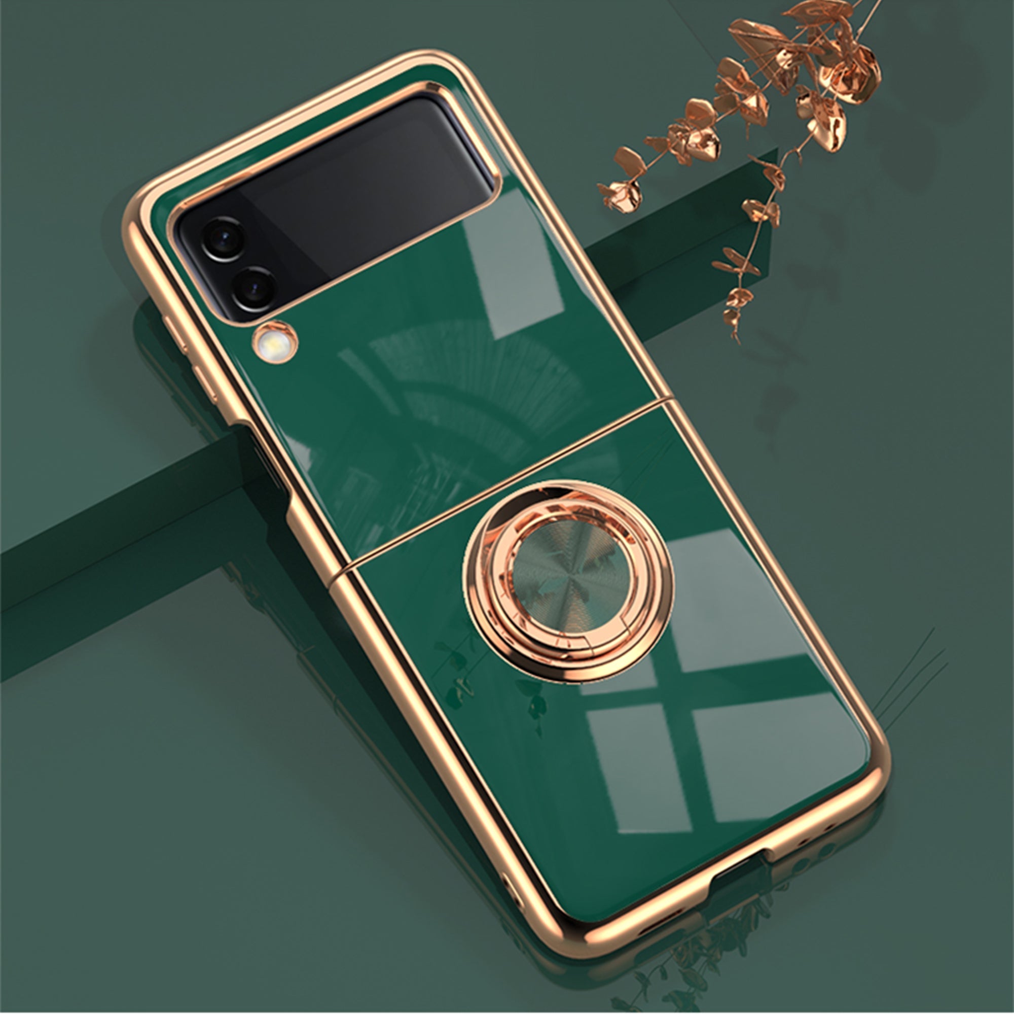 Galaxy Z Flip3 Case Plated Plain Color Ring (Clover Green)