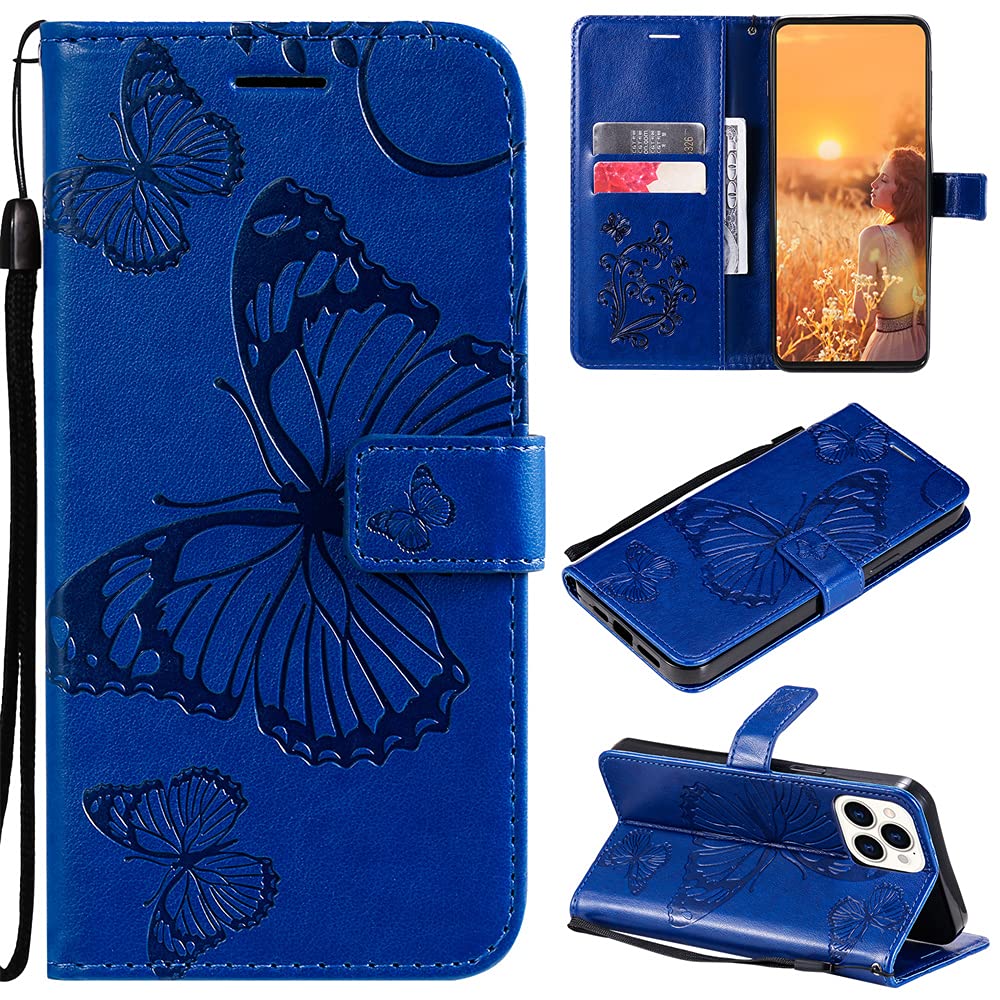 Caeouts Embossed Butterfly Wallet Phone Case Blue