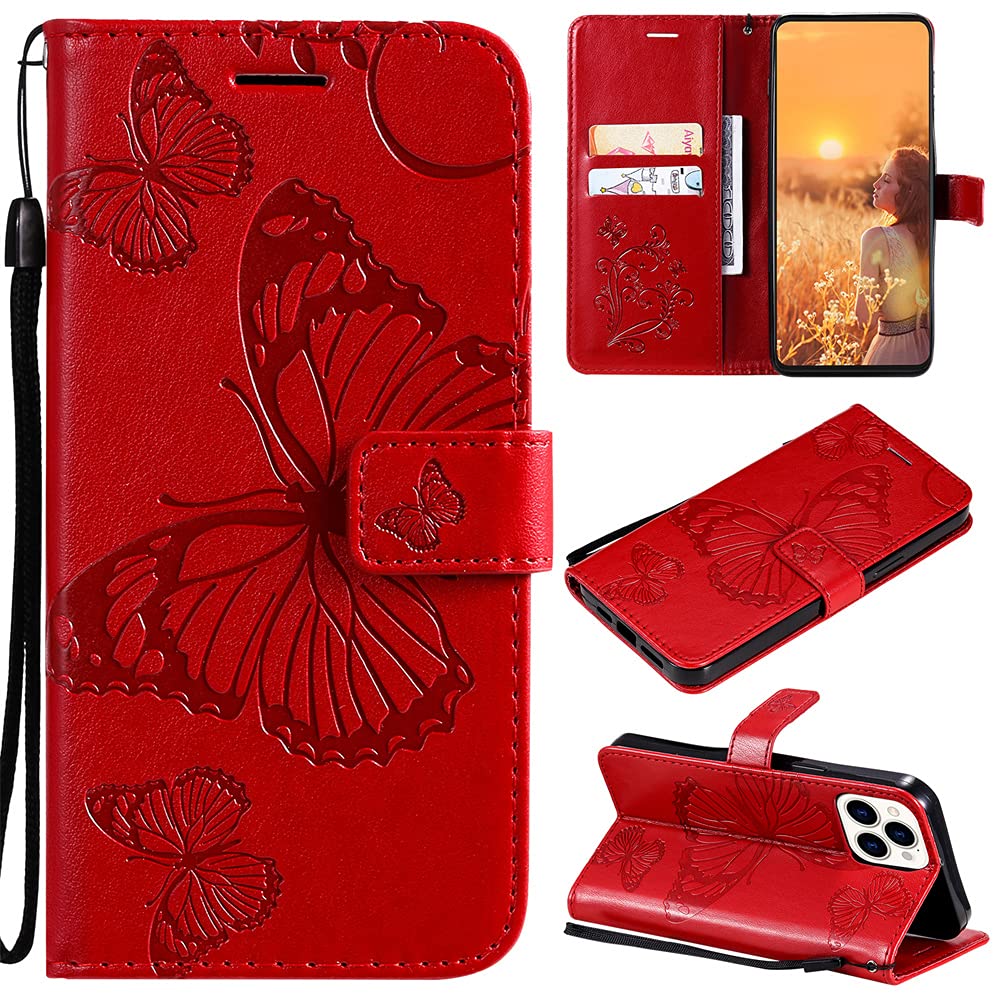 Caeouts Embossed Butterfly Wallet Phone Case Red
