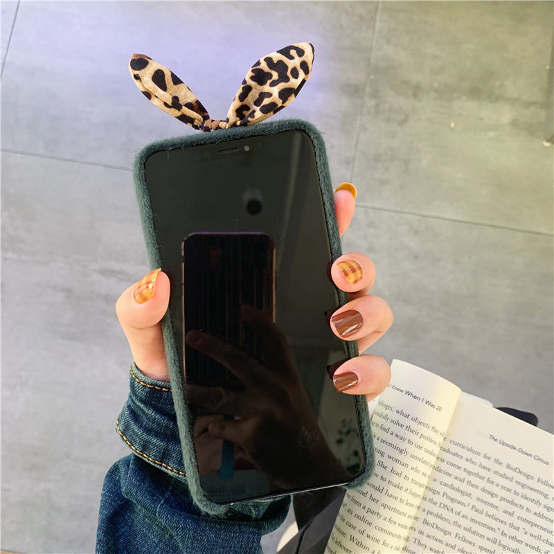 Leopard Print Rabbit Ears Plush iPhone Case
