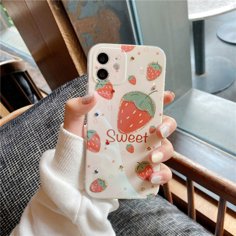 Epoxy Inlaid diamond Strawberry Cherry iPhone Case